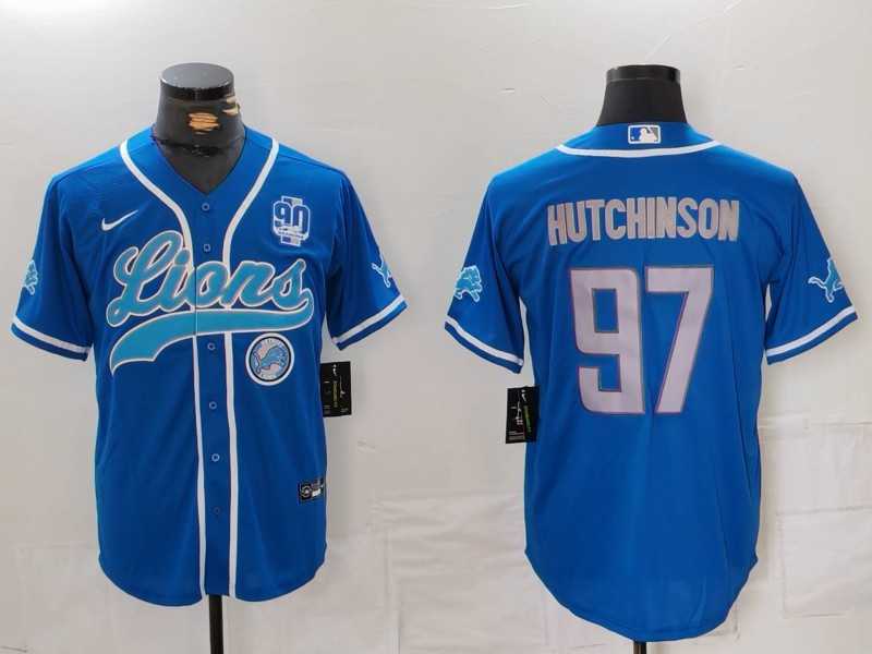 Men%27s Detroit Lions #97 Aidan Hutchinson Blue With 90th Patch Cool Base Stitched Baseball Jersey->detroit lions->NFL Jersey